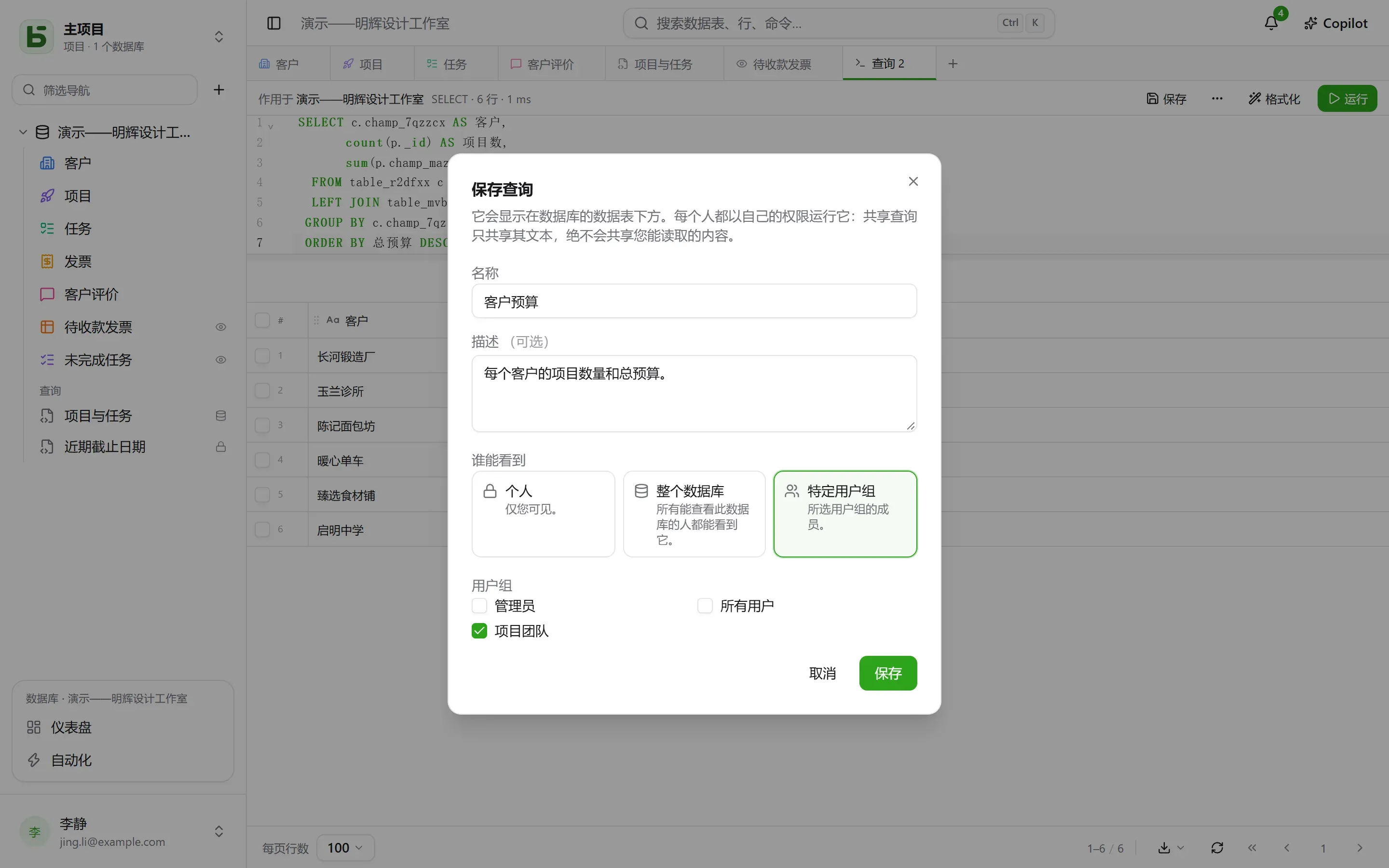 保存查询：名称、显示内容以及谁可以看到