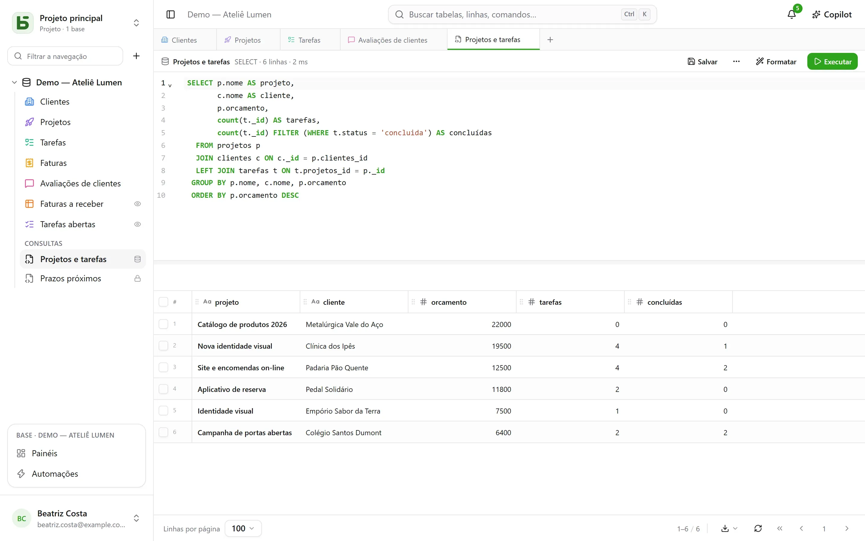 Uma consulta salva e duas visões SQL organizadas entre as tabelas