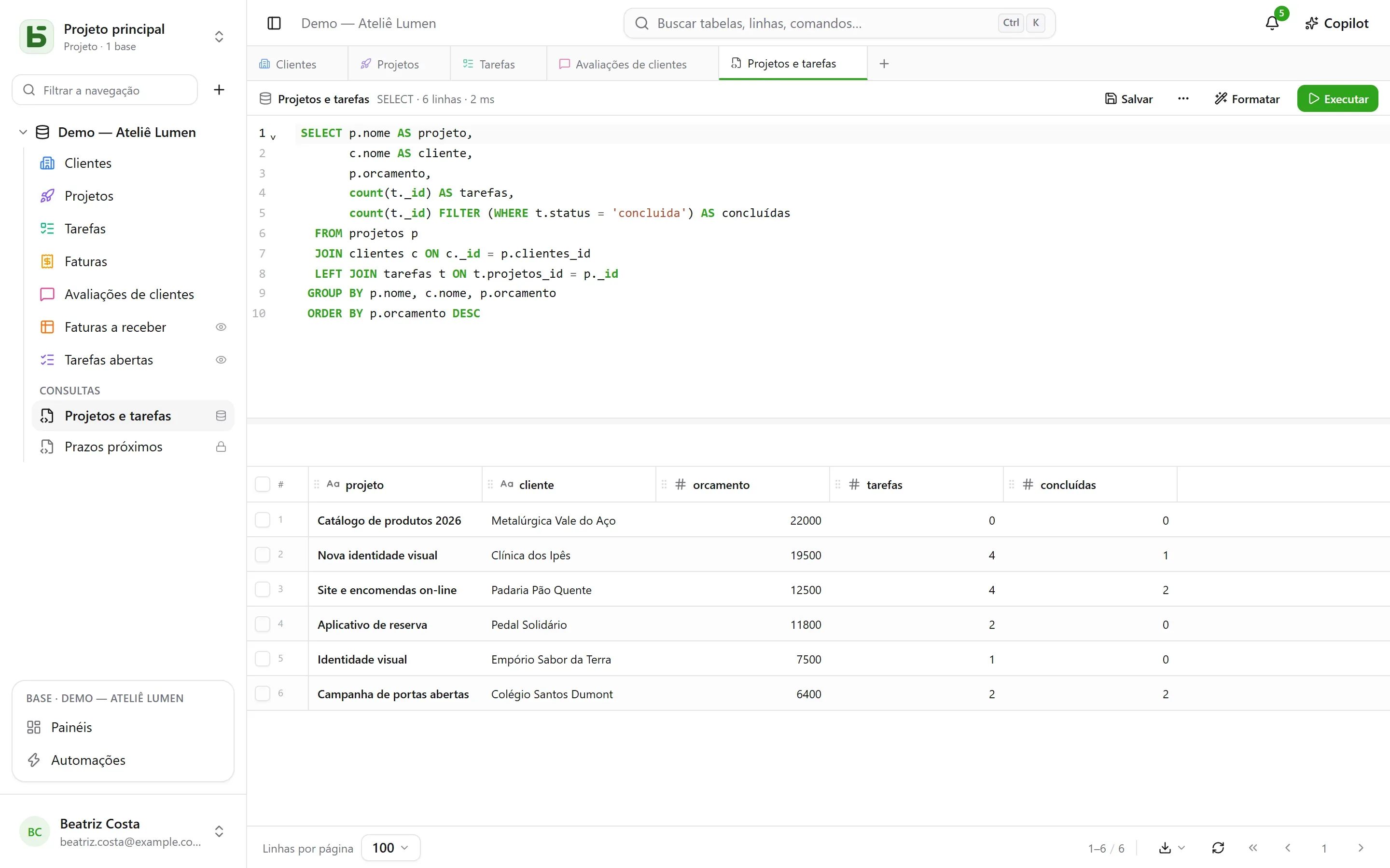basedb — sql: Uma consulta sobre os nomes verdadeiros, salva abaixo das tabelas para toda a equipe — que cada pessoa executa com as próprias permissões.