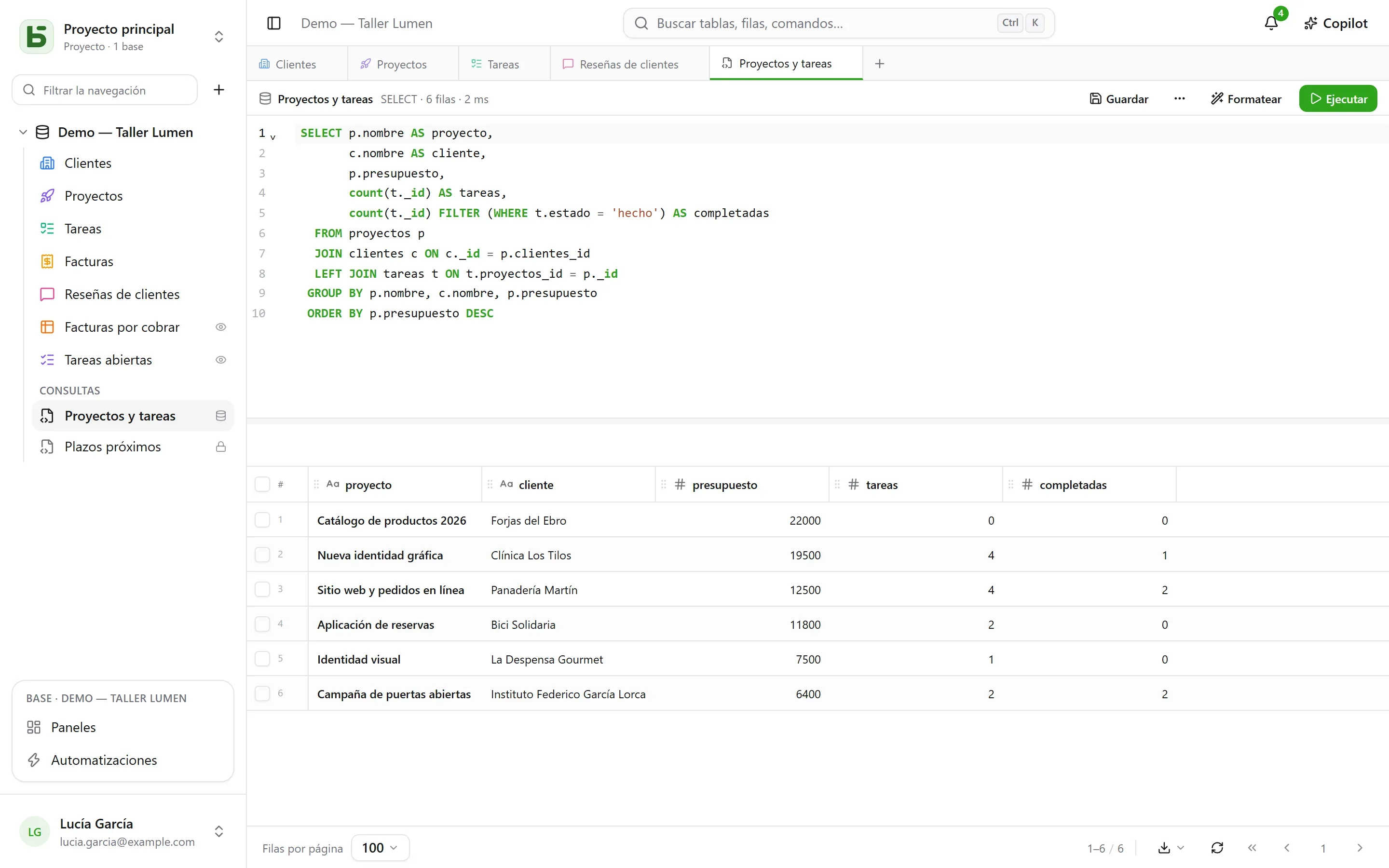 basedb — sql: Una consulta sobre los nombres reales, guardada bajo las tablas para todo el equipo — que cada uno ejecuta con sus propios permisos.