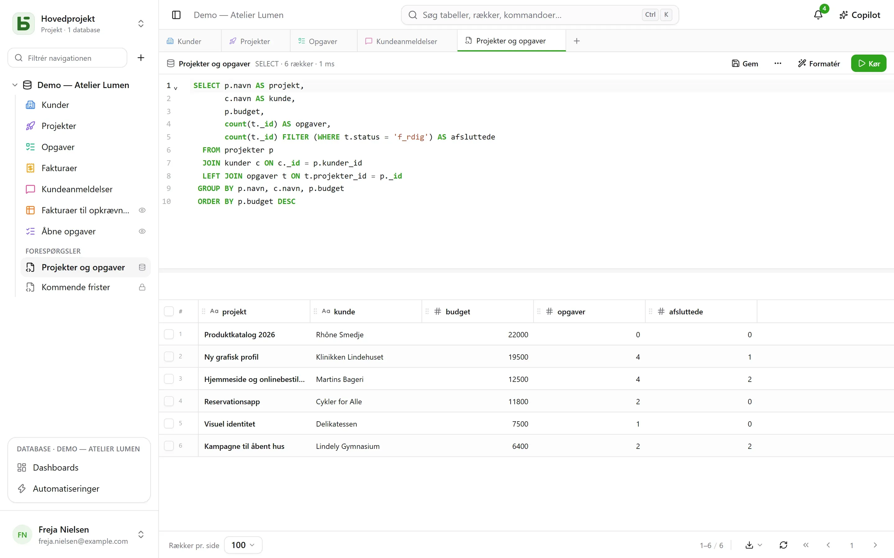 En gemt forespørgsel og to SQL-views placeret blandt tabellerne