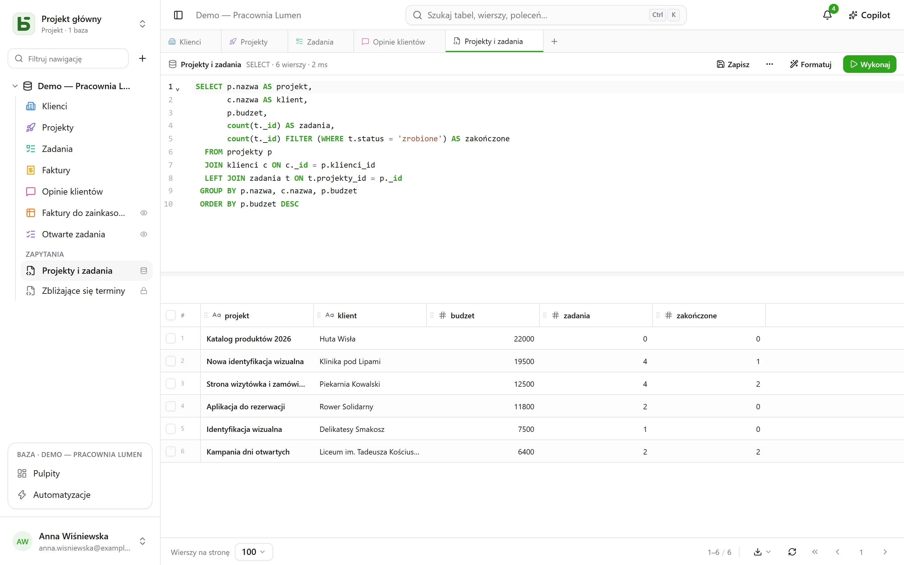 basedb – sql: Zapytanie na prawdziwych nazwach, zapisane pod tabelami dla całego zespołu – każdy wykonuje je z własnymi uprawnieniami.