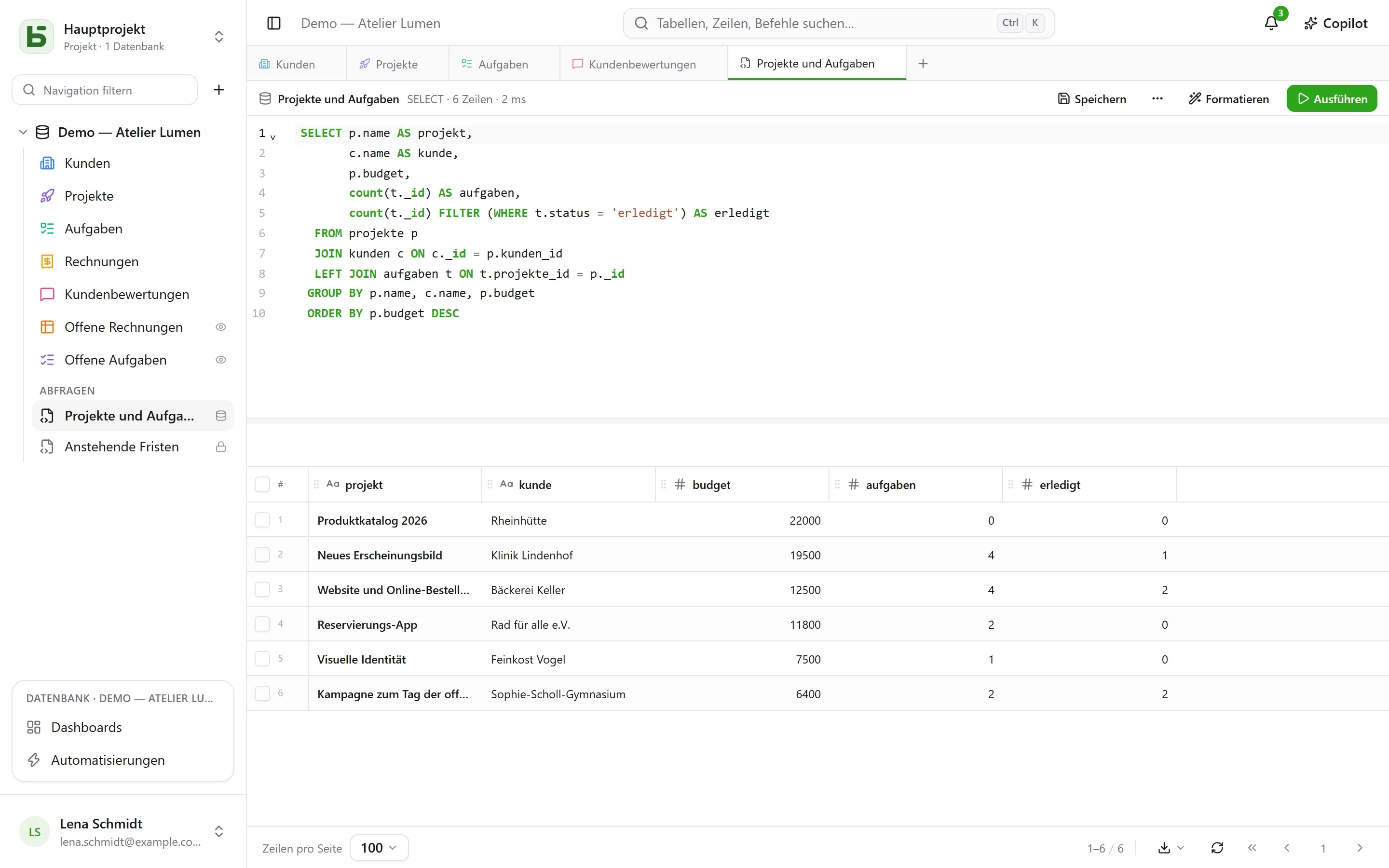 basedb – sql: Eine Abfrage auf die echten Namen, unter den Tabellen für das ganze Team gespeichert – und jede Person führt sie mit ihren eigenen Berechtigungen aus.