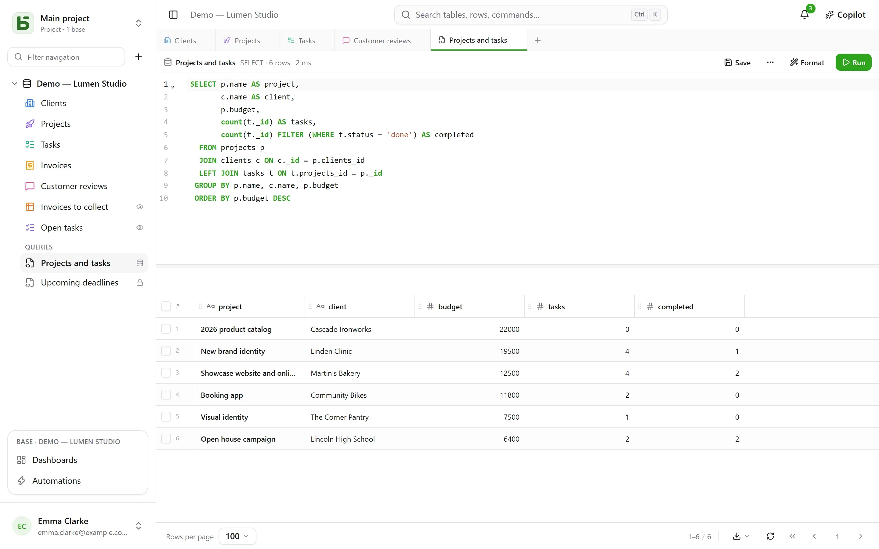basedb — sql: A query on the real names, saved under the tables for the whole team — which everyone runs with their own permissions.