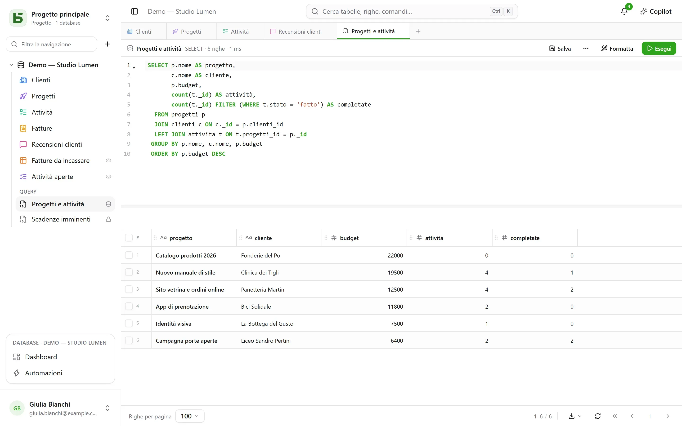 Una query salvata, e due viste SQL disposte tra le tabelle