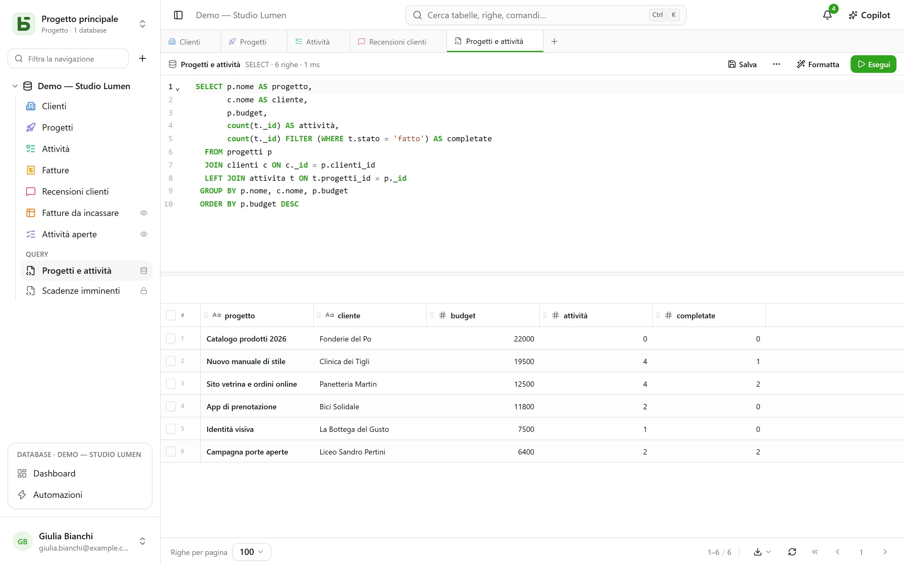 basedb — sql: Una query sui nomi reali, salvata sotto le tabelle per tutto il team — che ognuno esegue con i propri permessi.