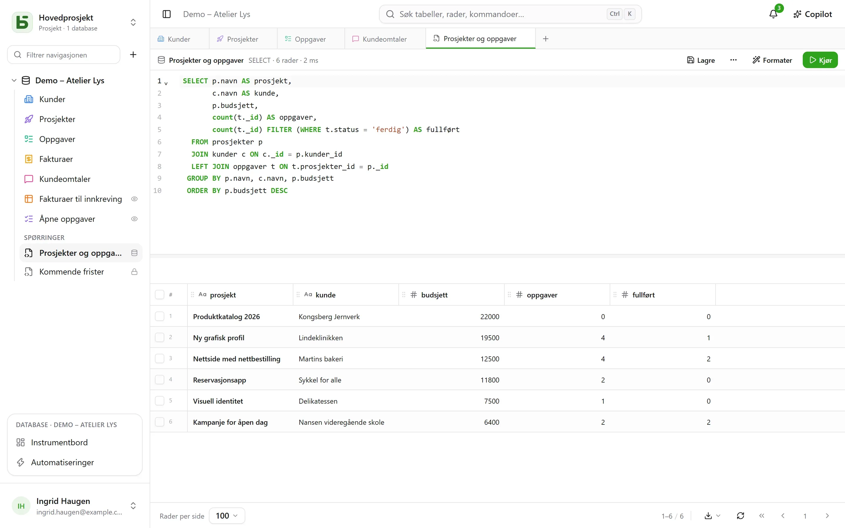 basedb – sql: En spørring på de ekte navnene, lagret under tabellene for hele teamet – som hver enkelt kjører med sine egne tillatelser.