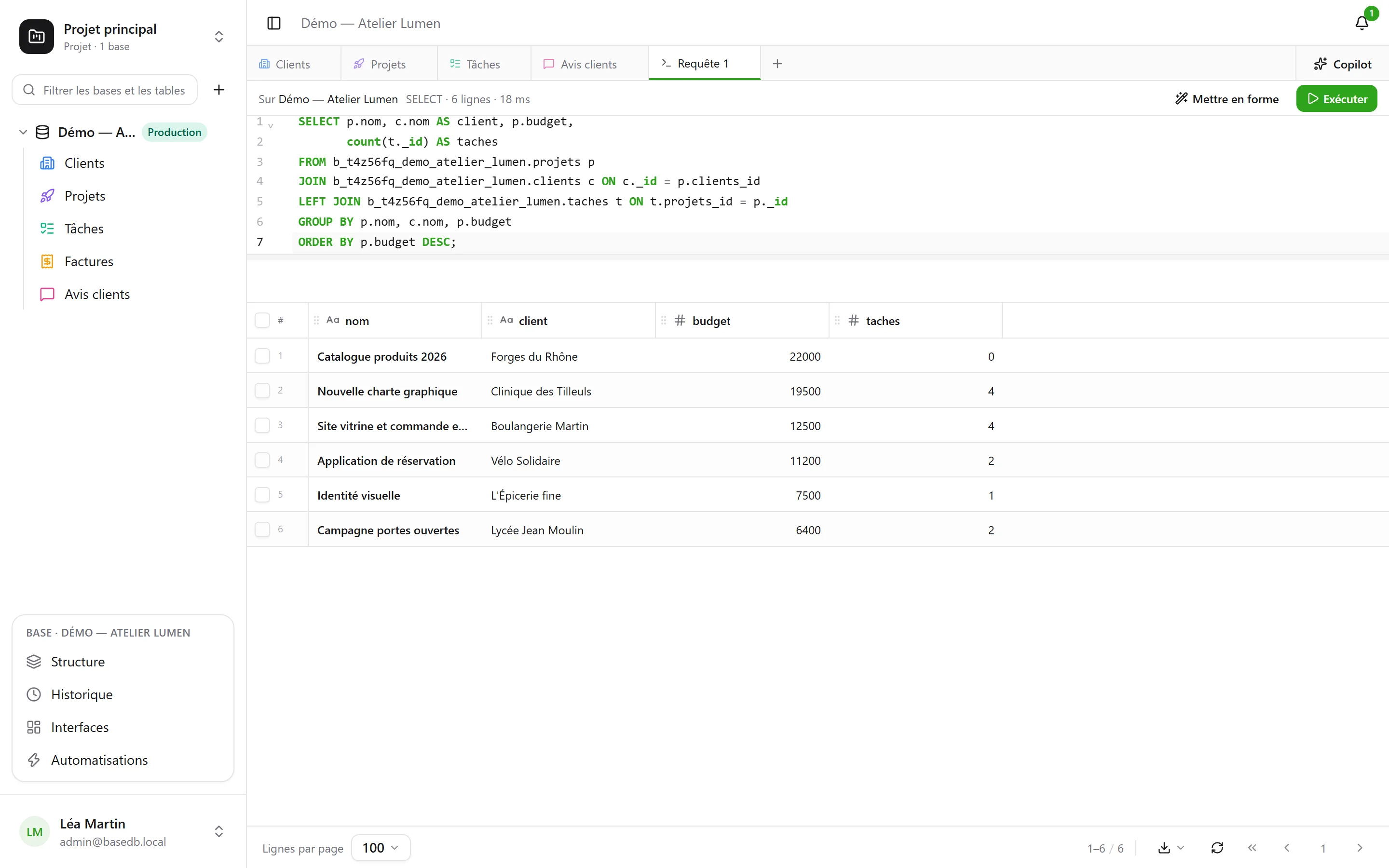 basedb — sql : La console SQL lit les tables sous leur vrai nom. Rien à traduire, rien à exporter.