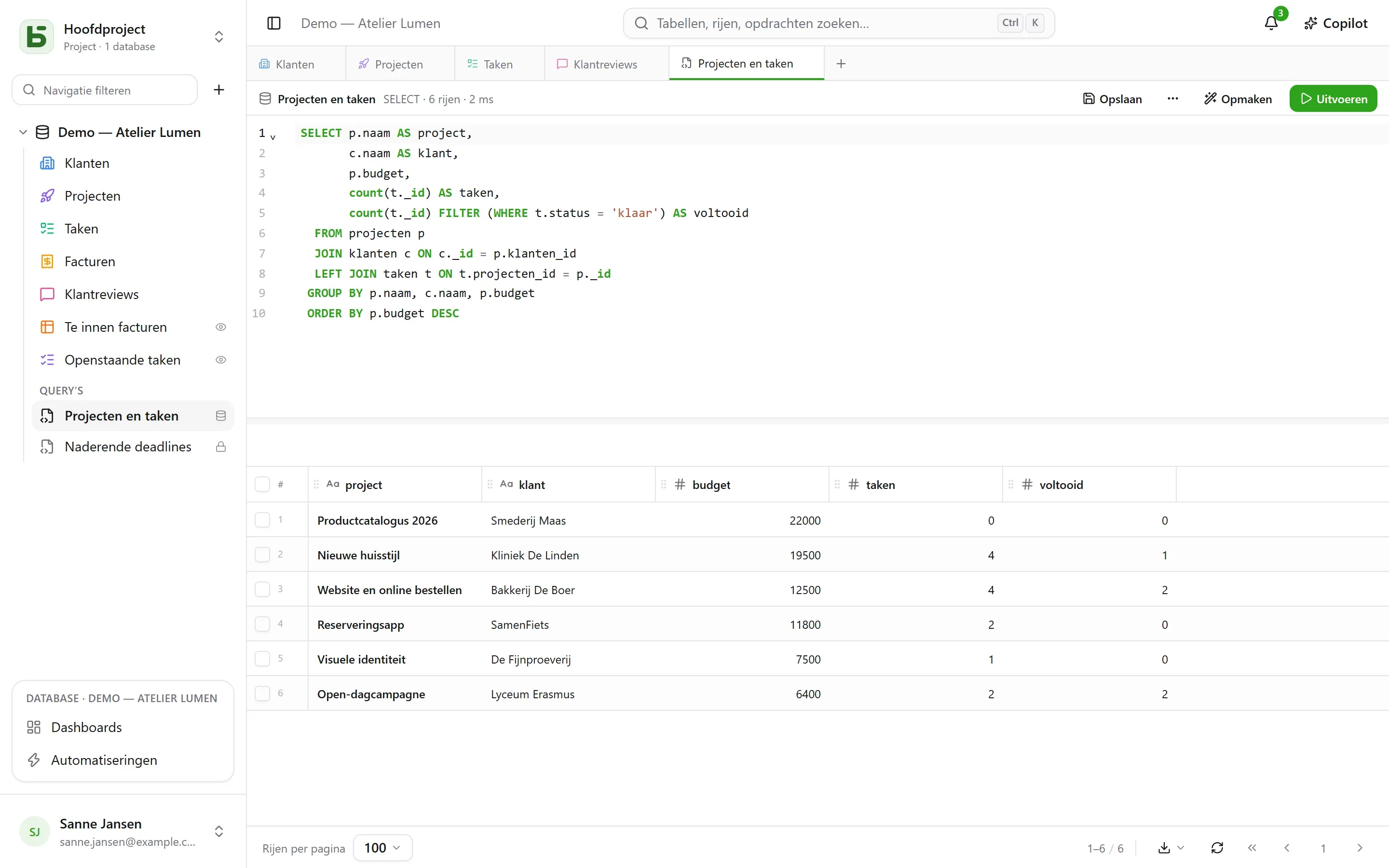 basedb — sql: Een query op de echte namen, opgeslagen onder de tabellen voor het hele team — die ieder uitvoert met zijn eigen rechten.