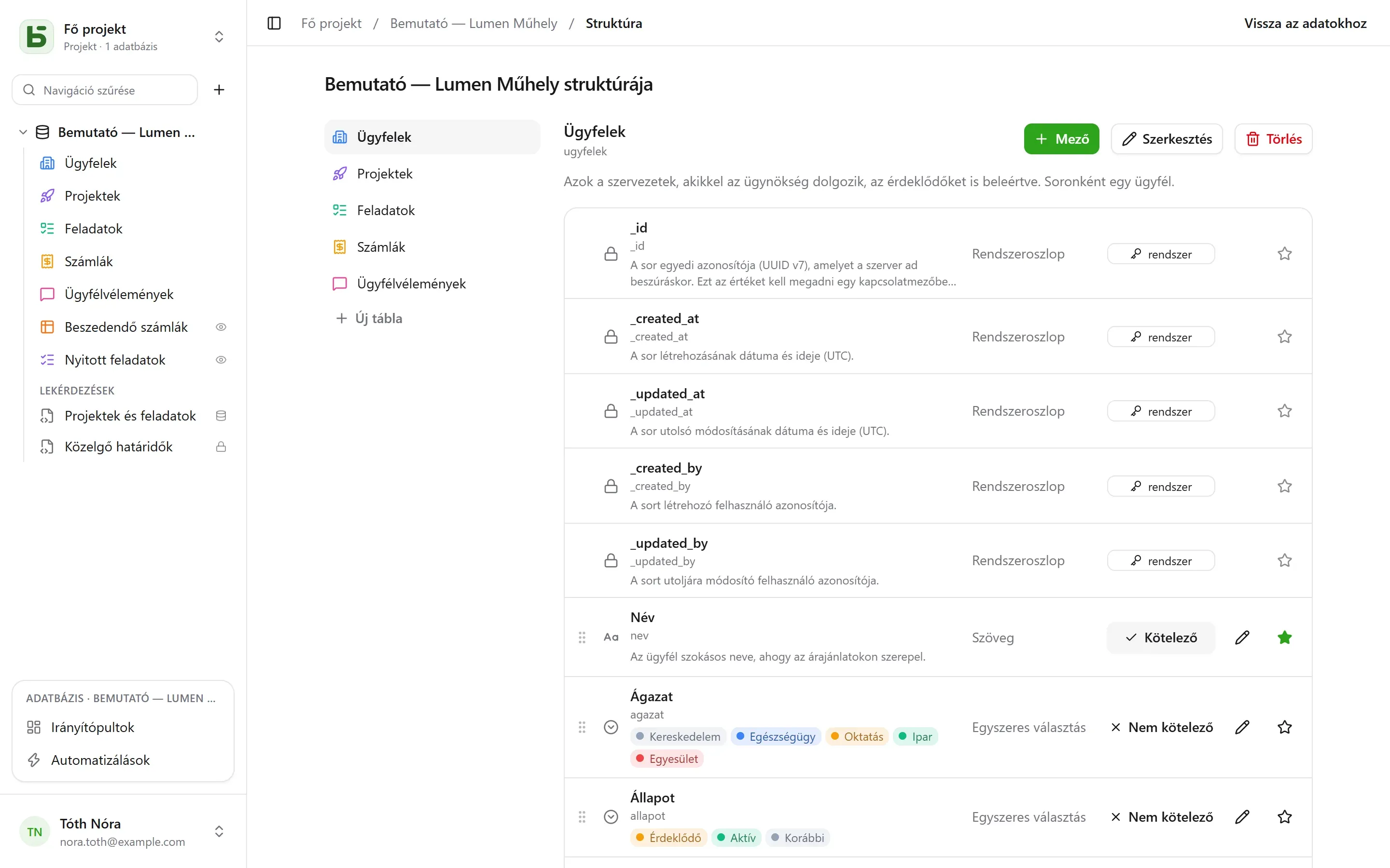 Egy adatbázis Struktúra képernyője