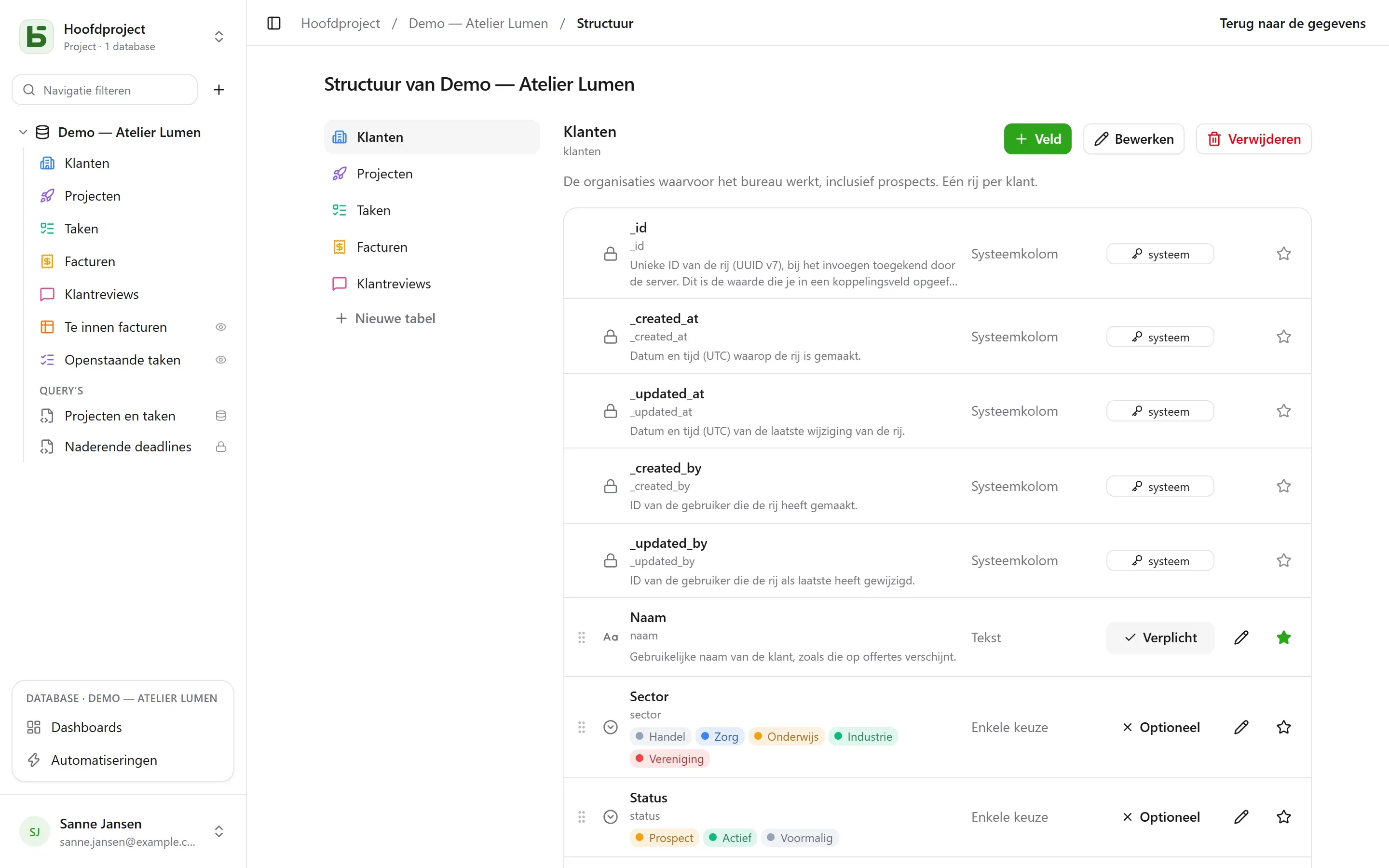 Het scherm Structuur van een database