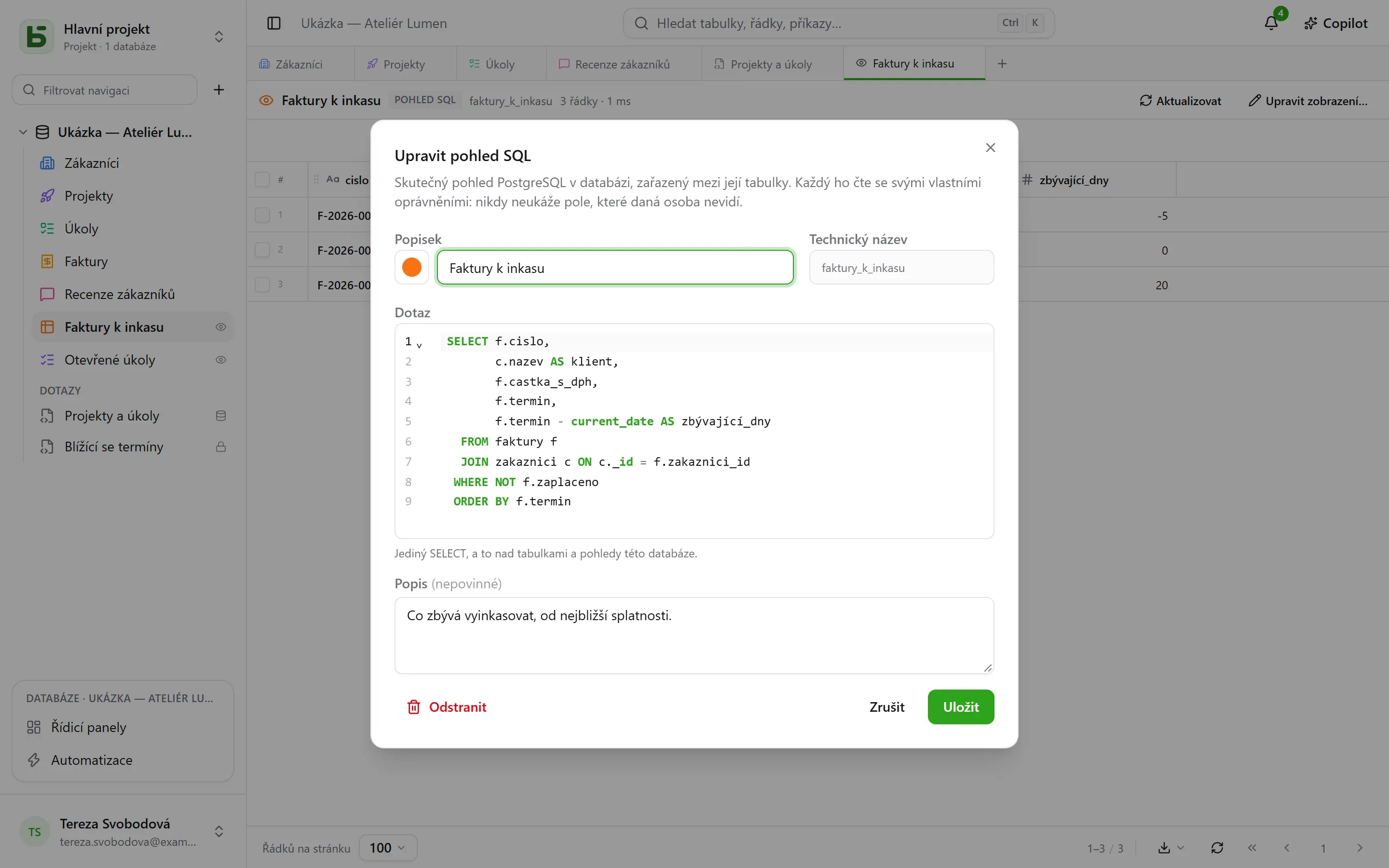 Dialog pohledu SQL: popisek a vzhled, technický název, dotaz, popis