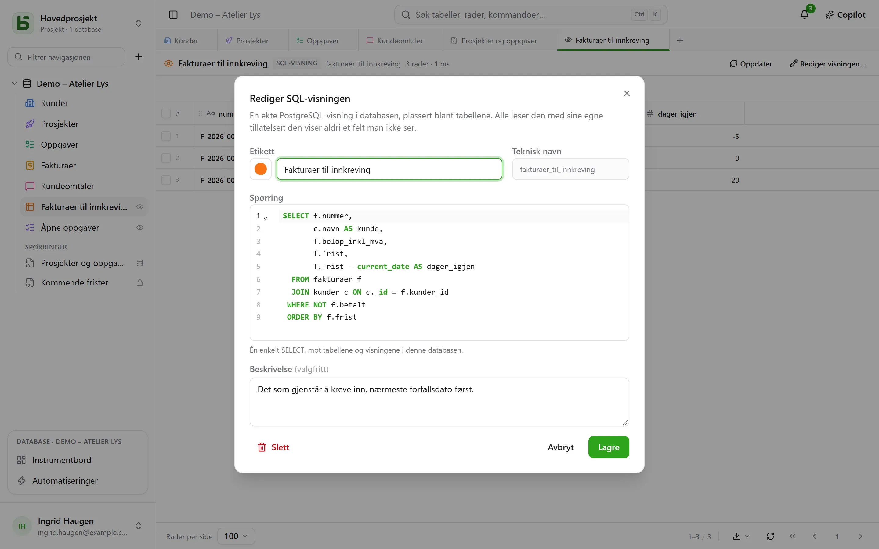 Dialogen for en SQL-visning: etikett og utseende, teknisk navn, spørring, beskrivelse
