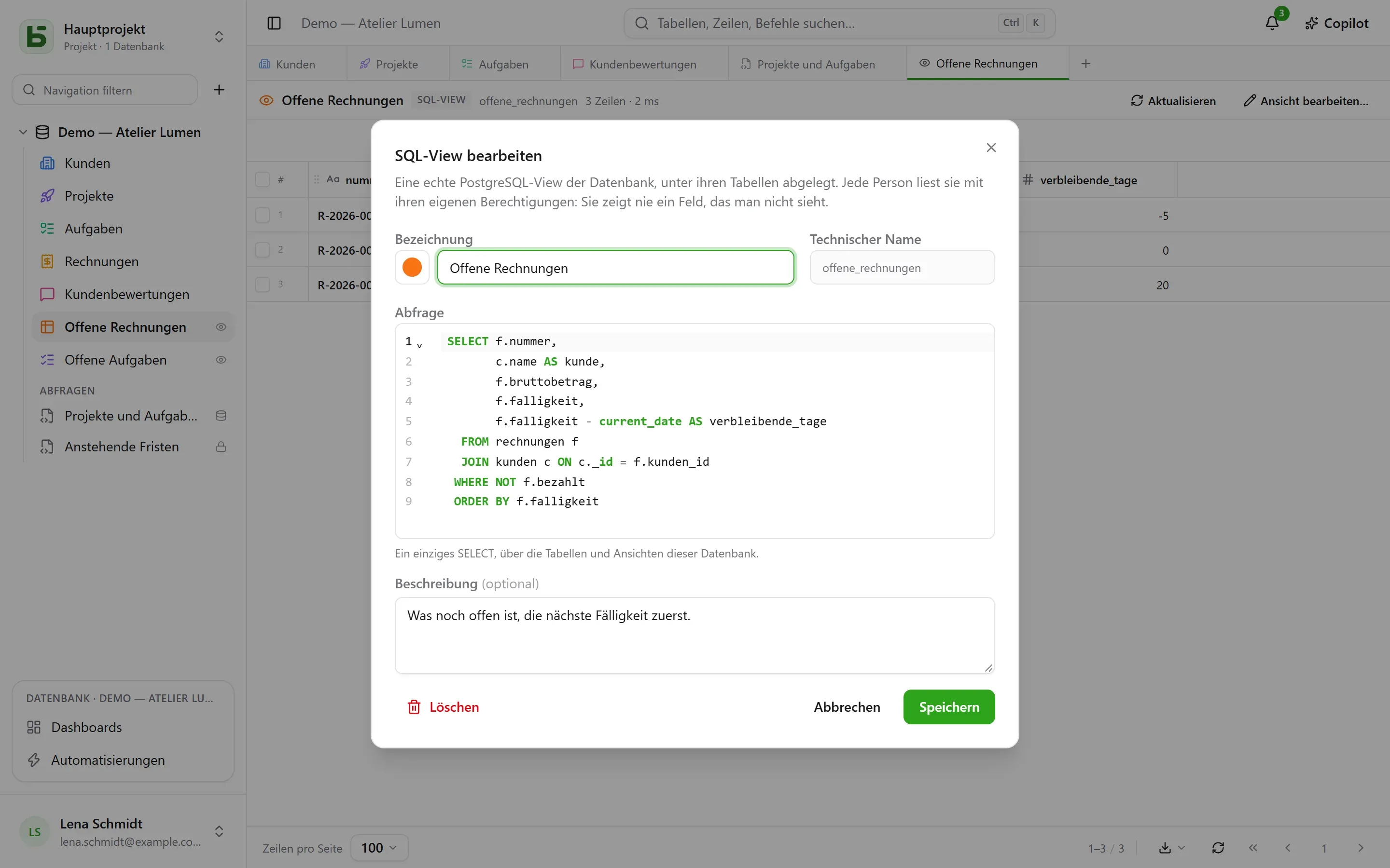 Der Dialog einer SQL-View: Bezeichnung und Erscheinungsbild, technischer Name, Abfrage, Beschreibung