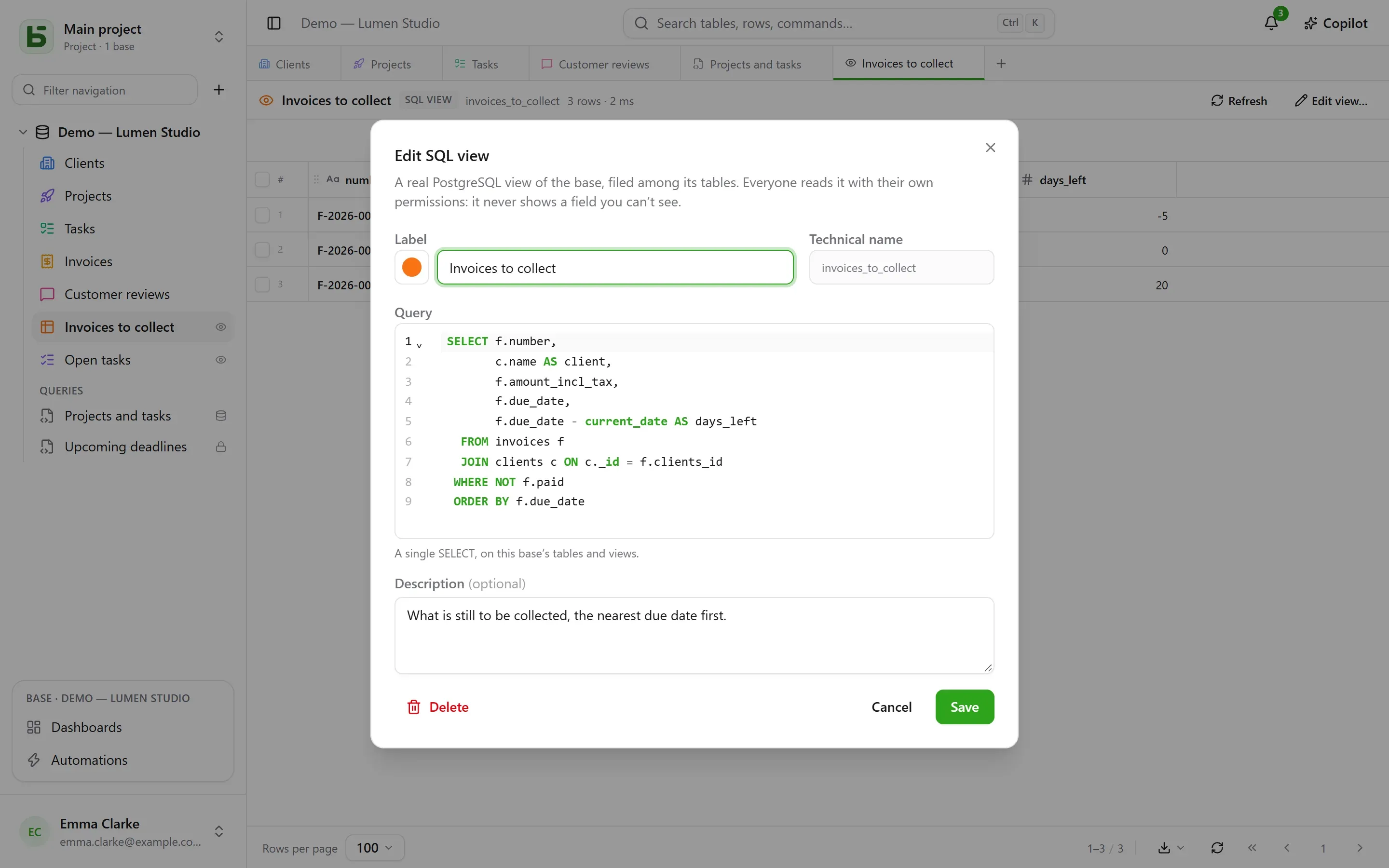 An SQL view’s dialog: label and appearance, technical name, query, description