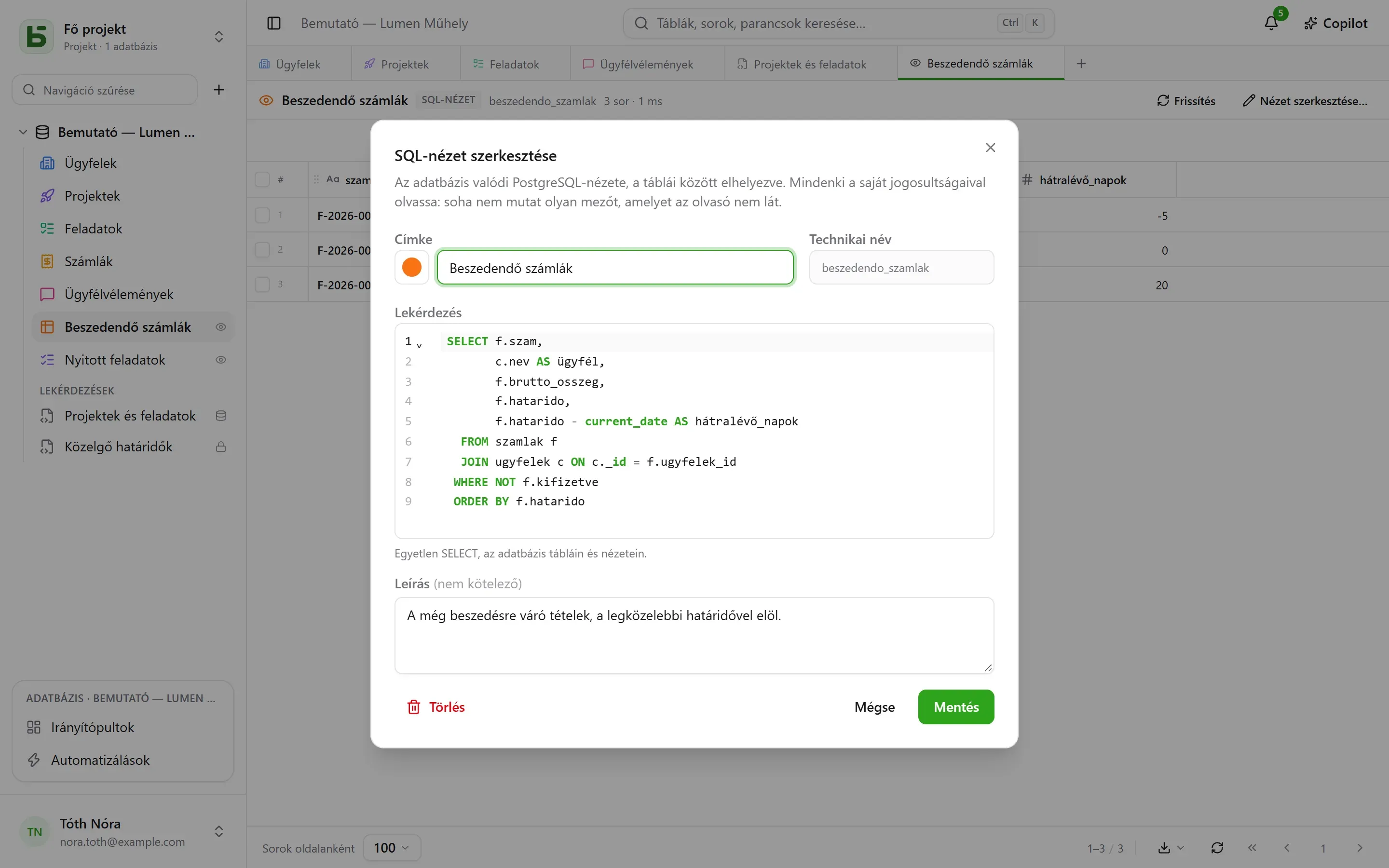 Egy SQL-nézet párbeszédablaka: címke és megjelenés, technikai név, lekérdezés, leírás