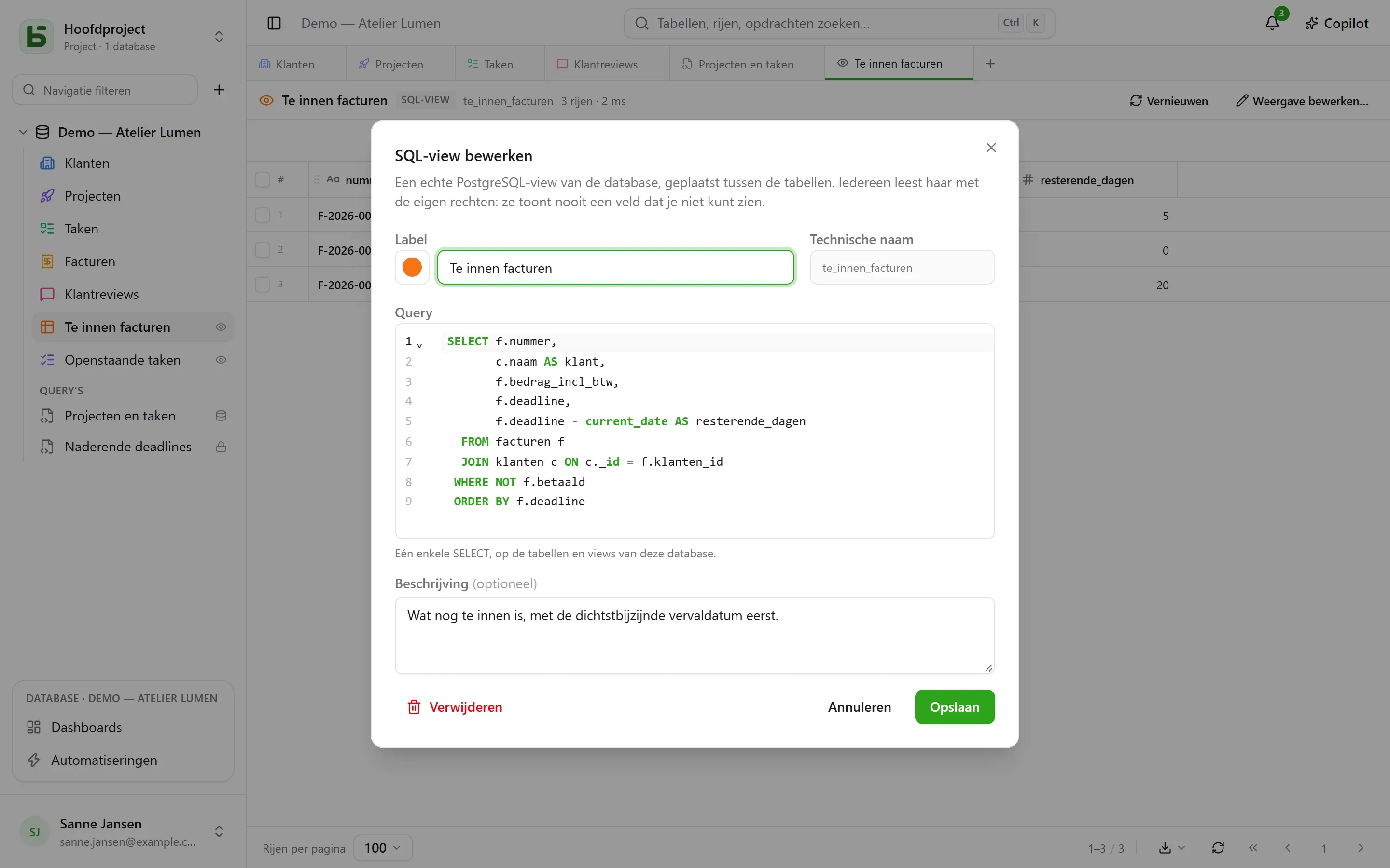 Het dialoogvenster van een SQL-view: label en uiterlijk, technische naam, query, beschrijving