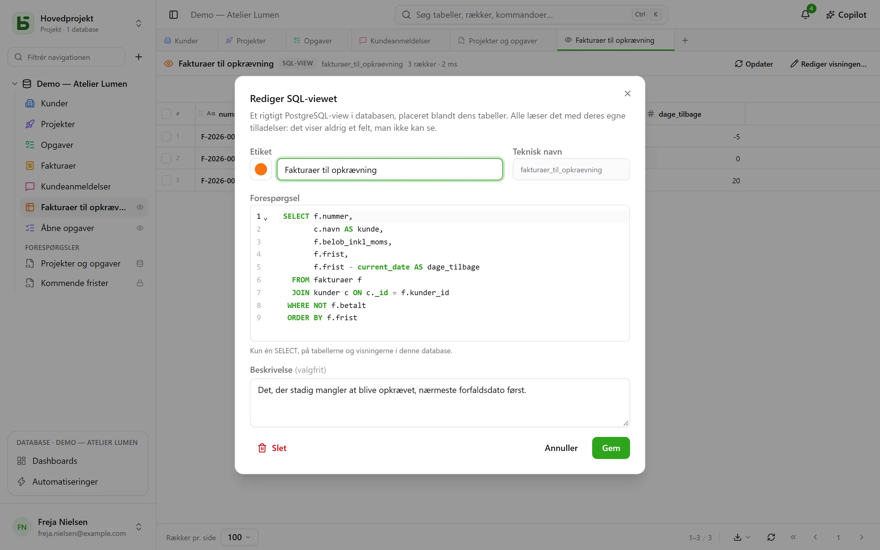 Dialogen for et SQL-view: etiket og udseende, teknisk navn, forespørgsel, beskrivelse
