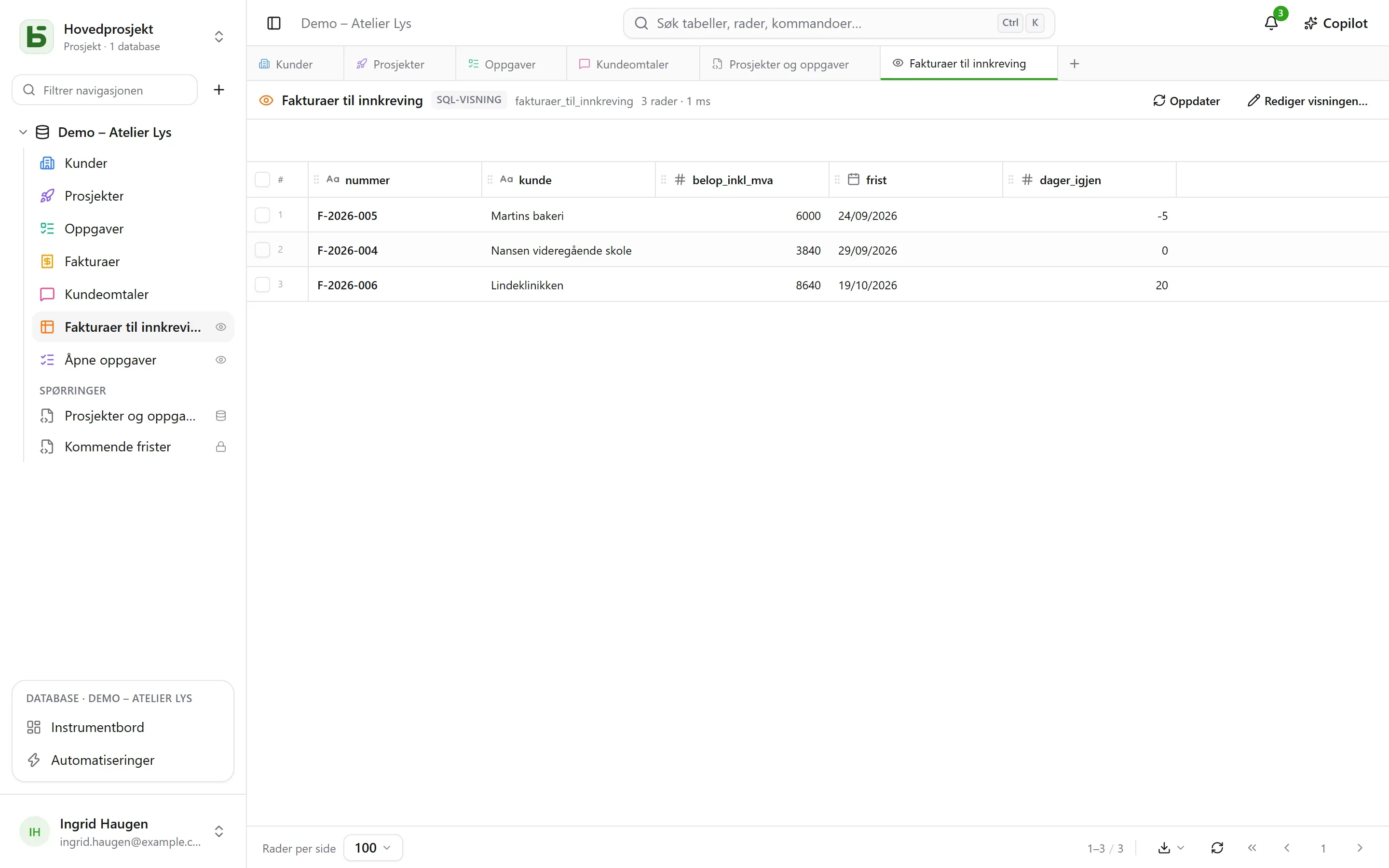 basedb – sql-visninger: Ekte PostgreSQL-visninger, plassert blant tabellene med farge og ikon – og lesbare fra psql.