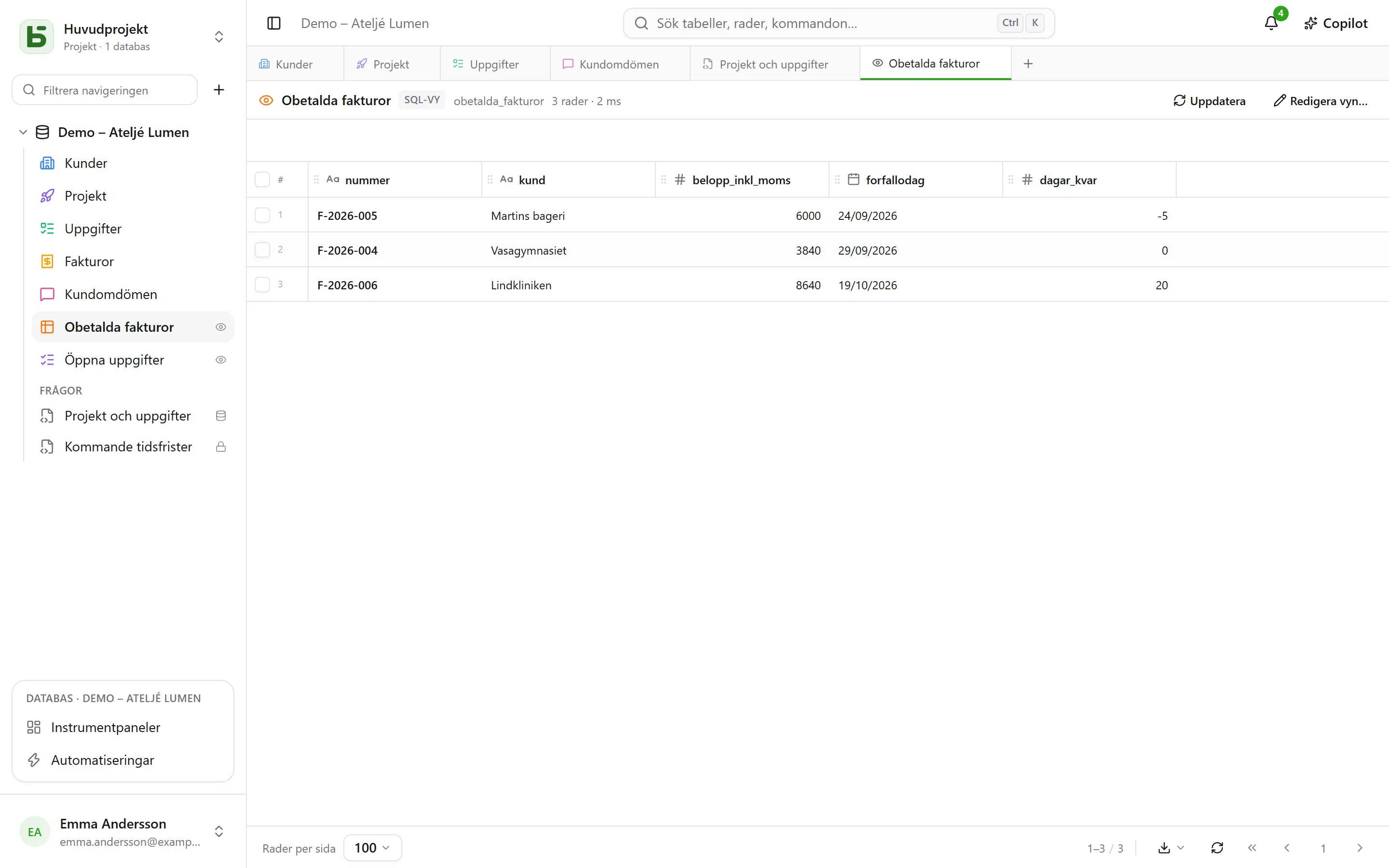 basedb – sql-vyer: Riktiga PostgreSQL-vyer, placerade bland tabellerna med sin färg och sin ikon – och läsbara från psql.