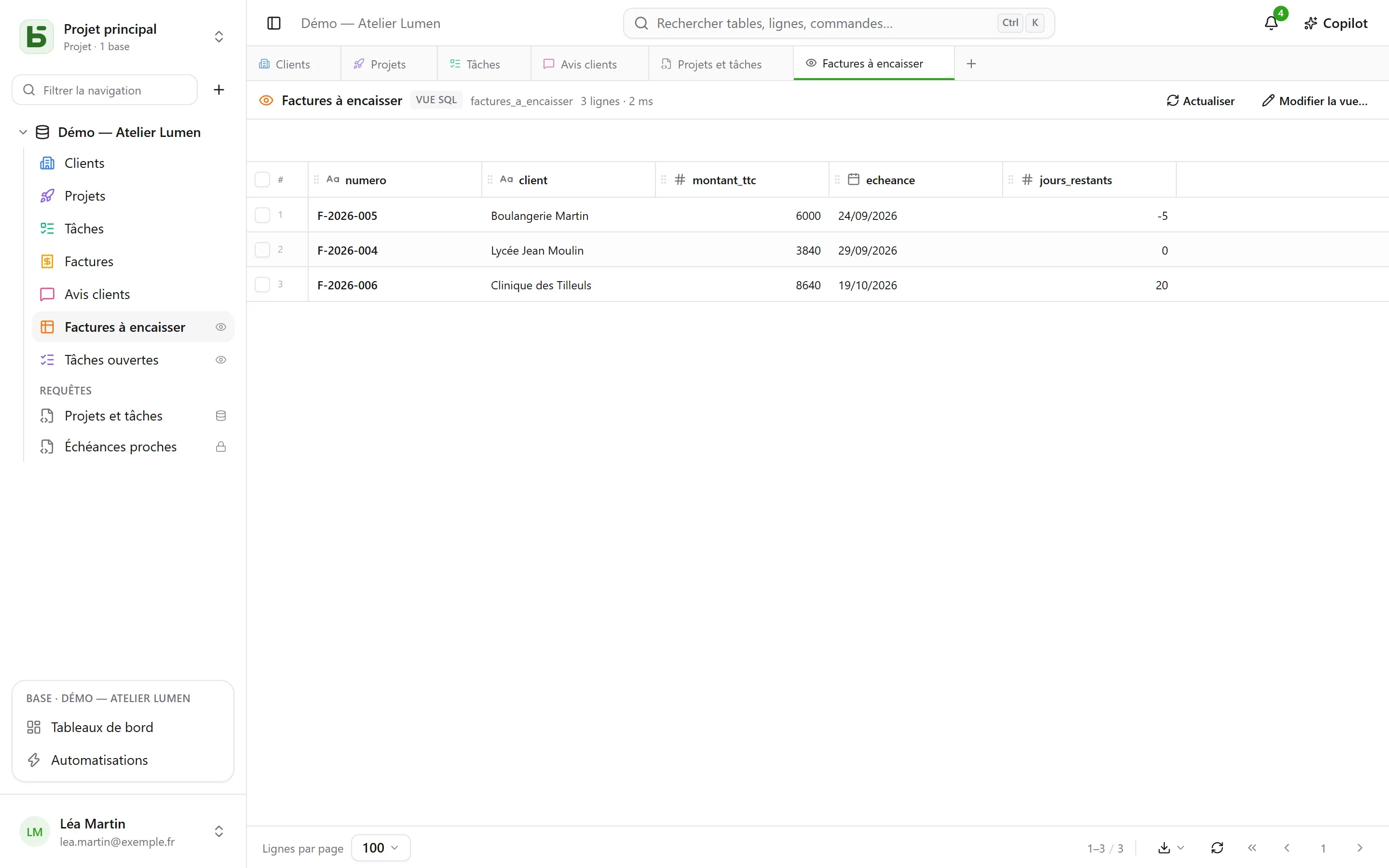 basedb — vues sql : De vraies vues PostgreSQL, rangées parmi les tables avec leur couleur et leur pictogramme — et lisibles depuis psql.