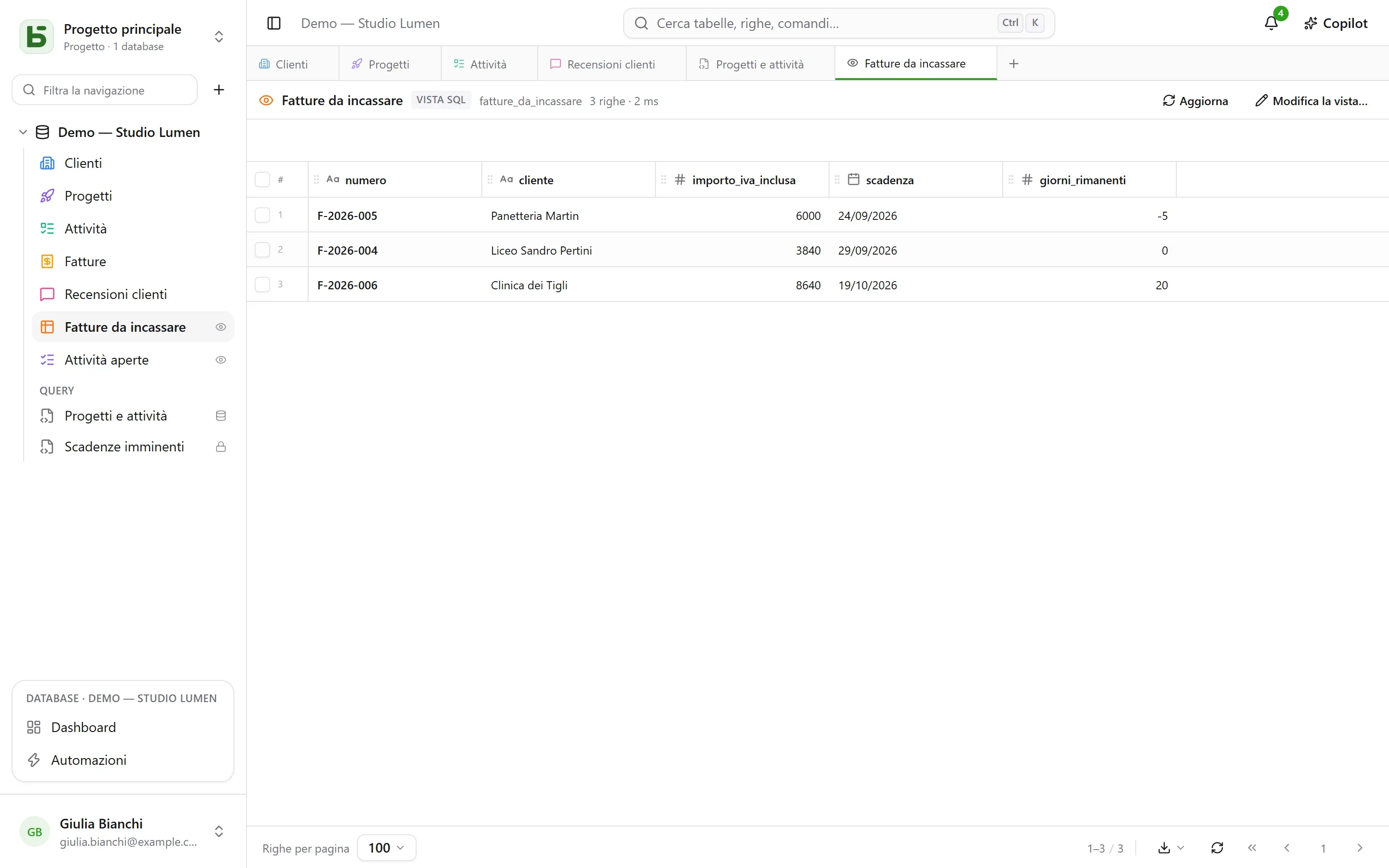 basedb — viste sql: Vere viste PostgreSQL, sistemate tra le tabelle con il loro colore e la loro icona — e leggibili da psql.