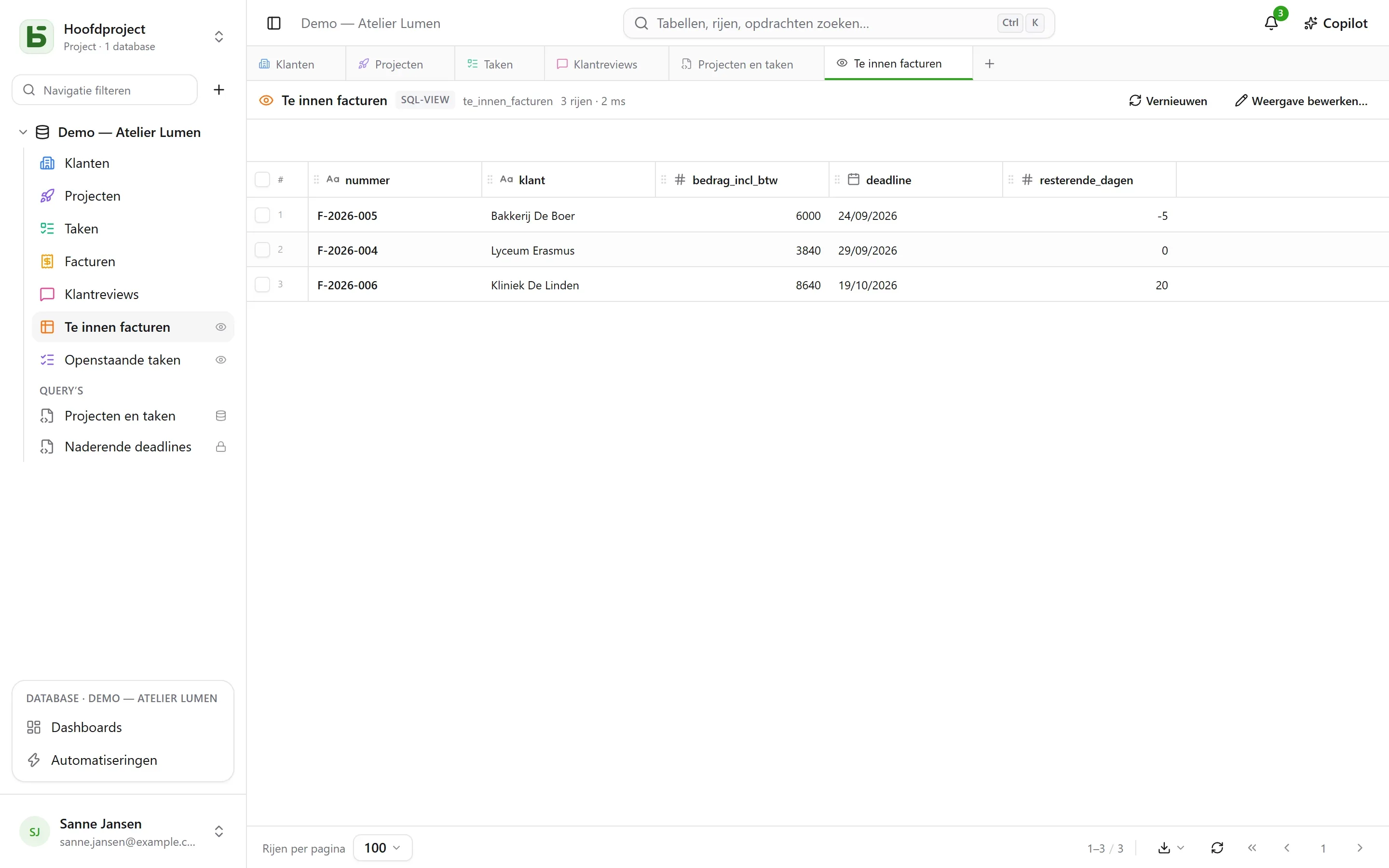 basedb — sql-views: Echte PostgreSQL-views, tussen de tabellen geplaatst met hun kleur en pictogram — en leesbaar vanuit psql.