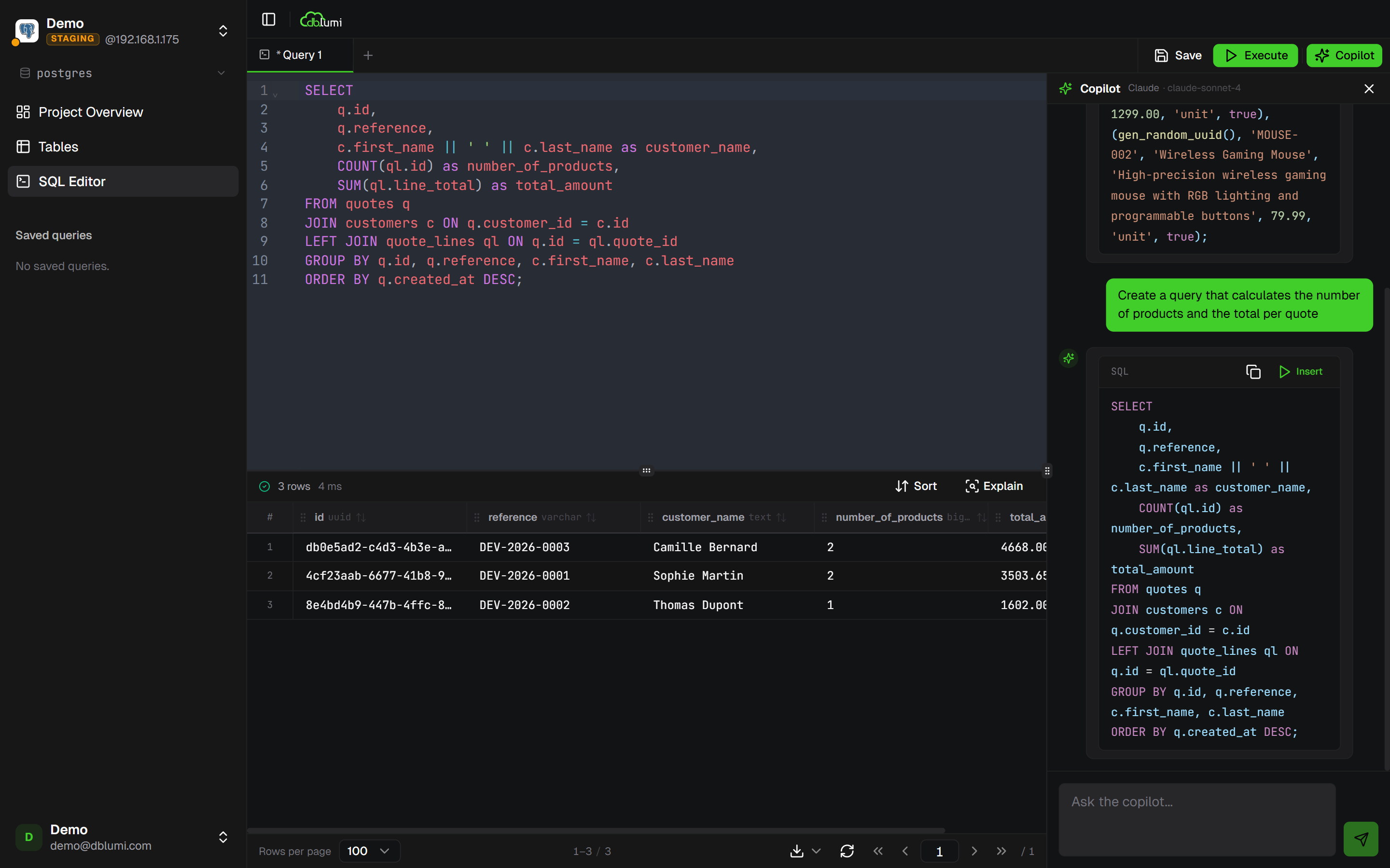 AI Copilot generating a SQL query from a natural language prompt