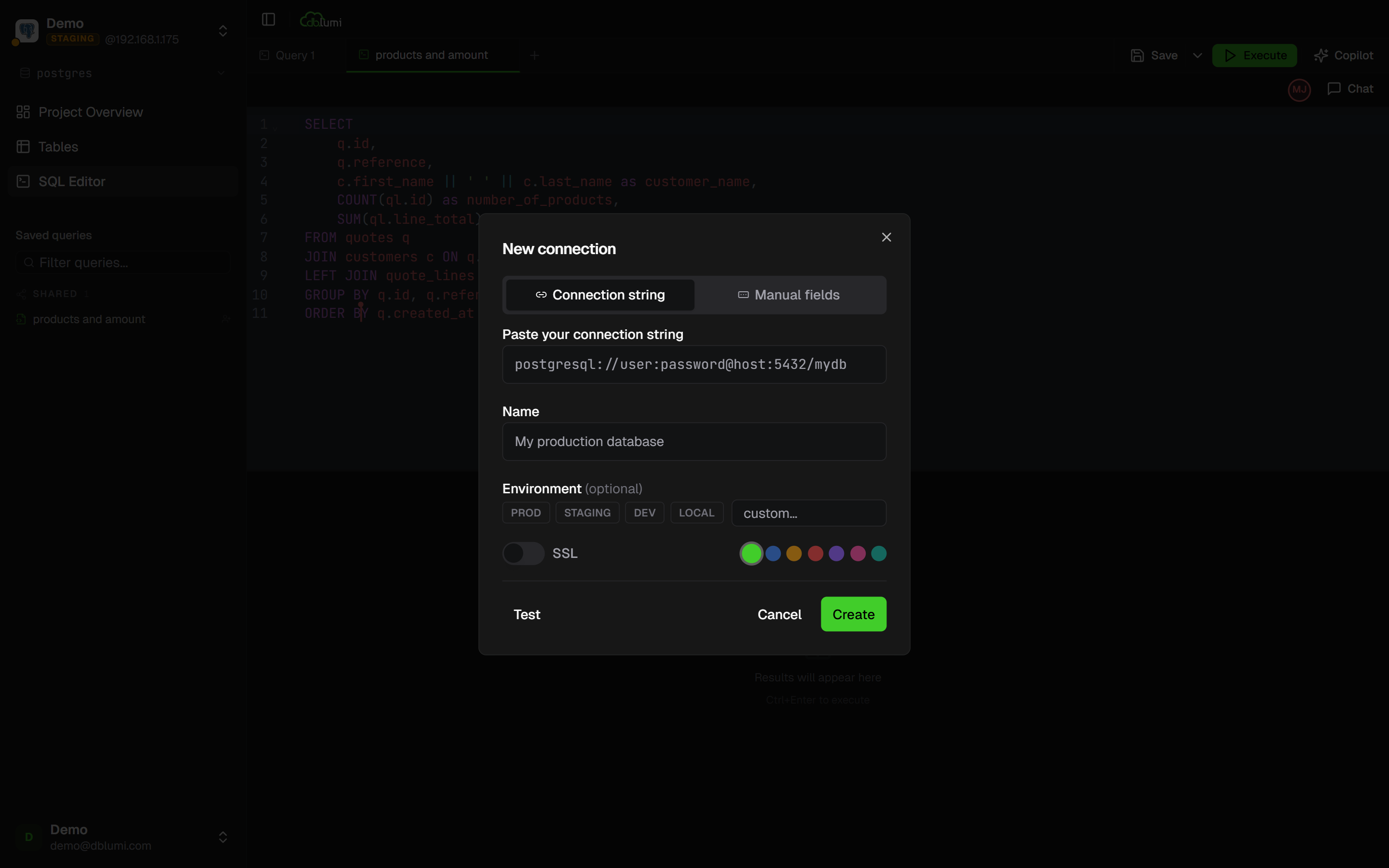 Table browser showing database content with schema sidebar