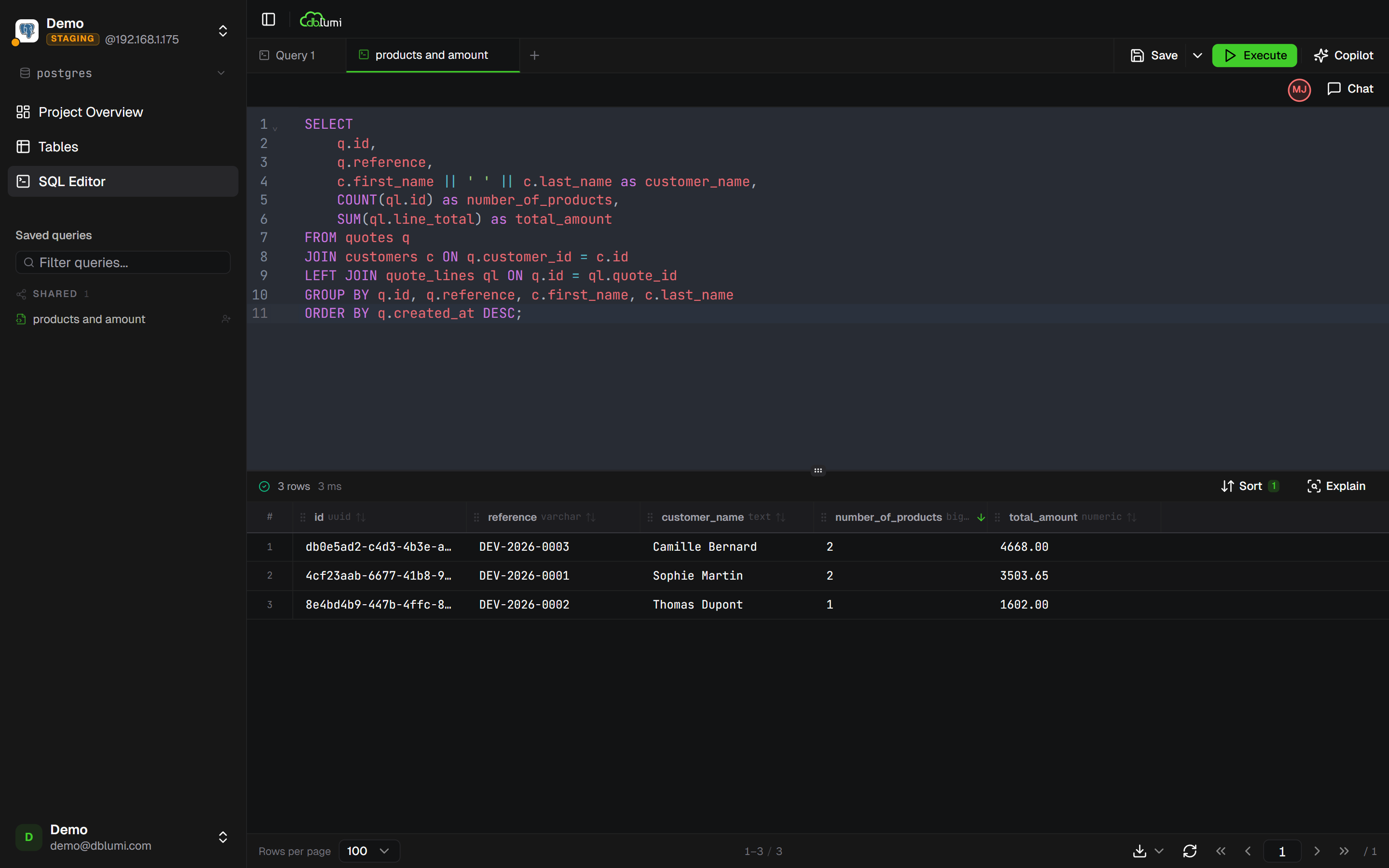SQL editor with syntax highlighting and query results