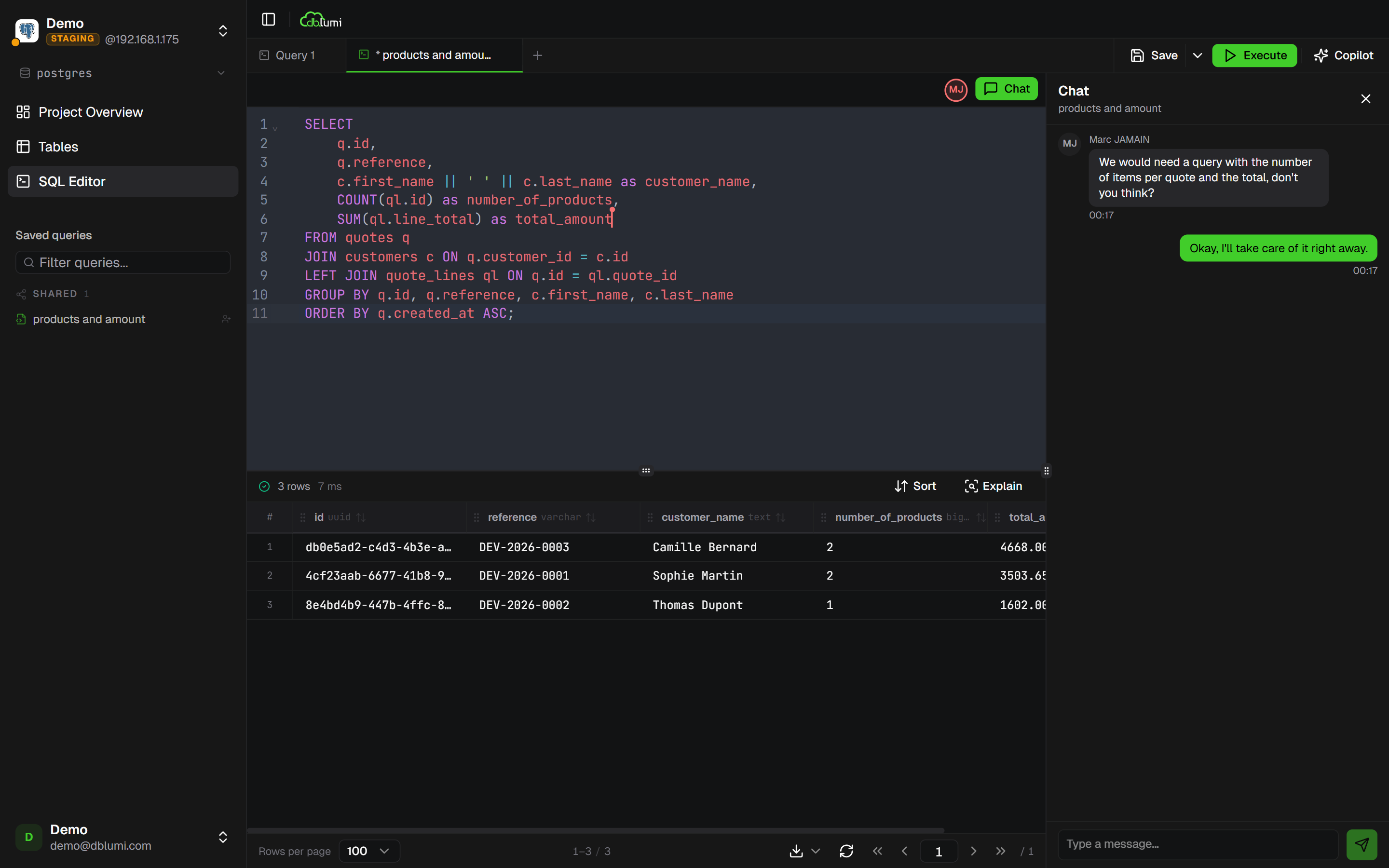 Saved queries with team sharing and chat