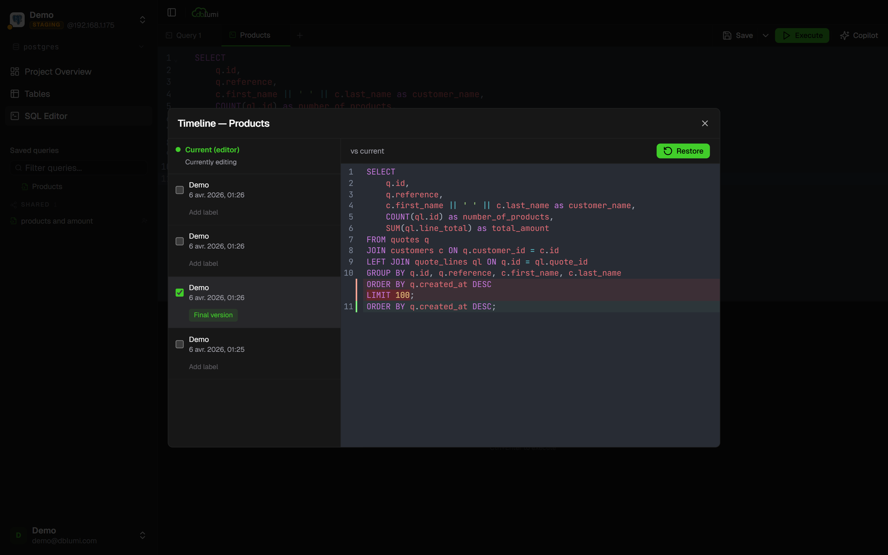 Version history timeline with diff comparison