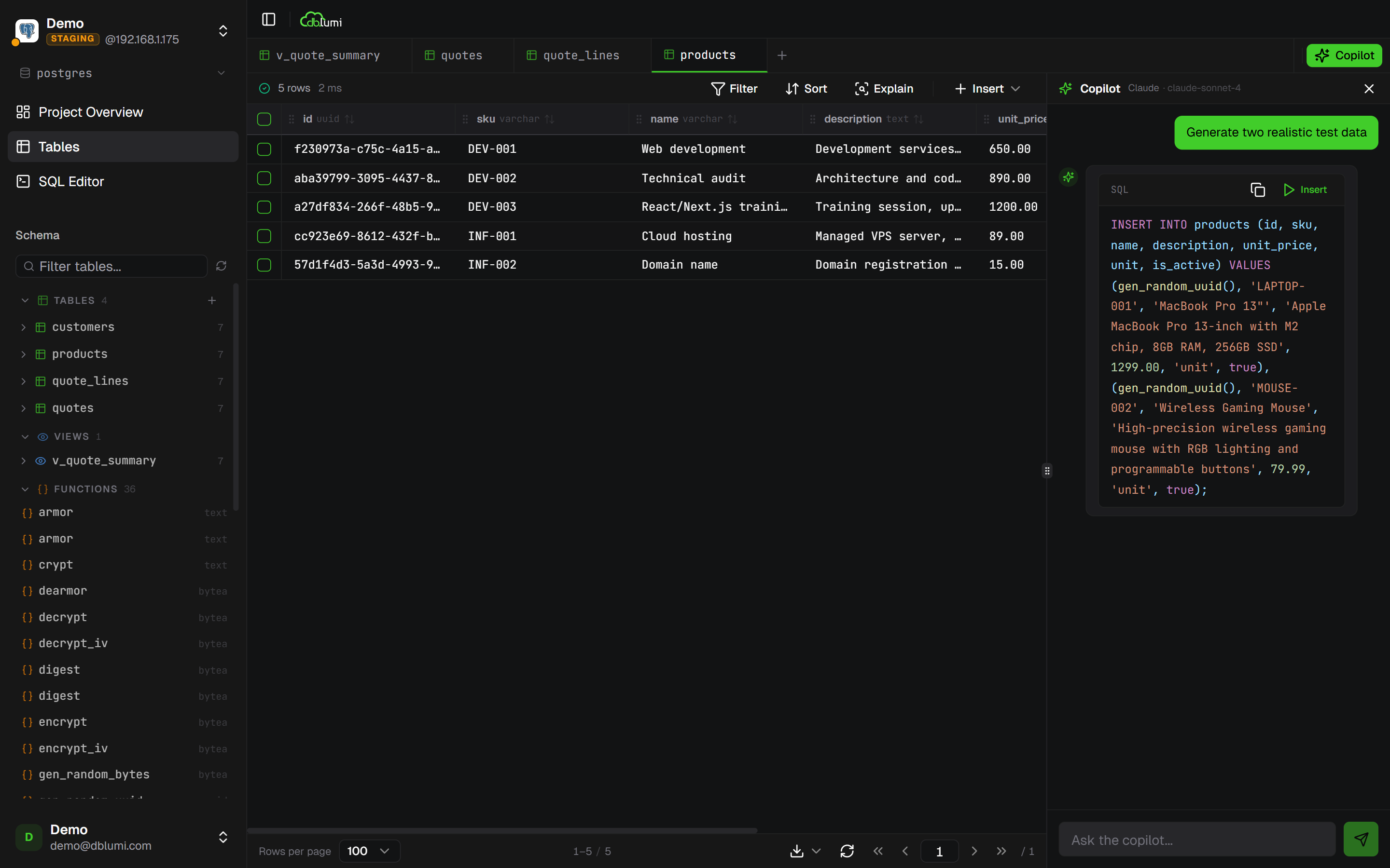 dblumi overview — SQL editor with AI copilot and schema browser